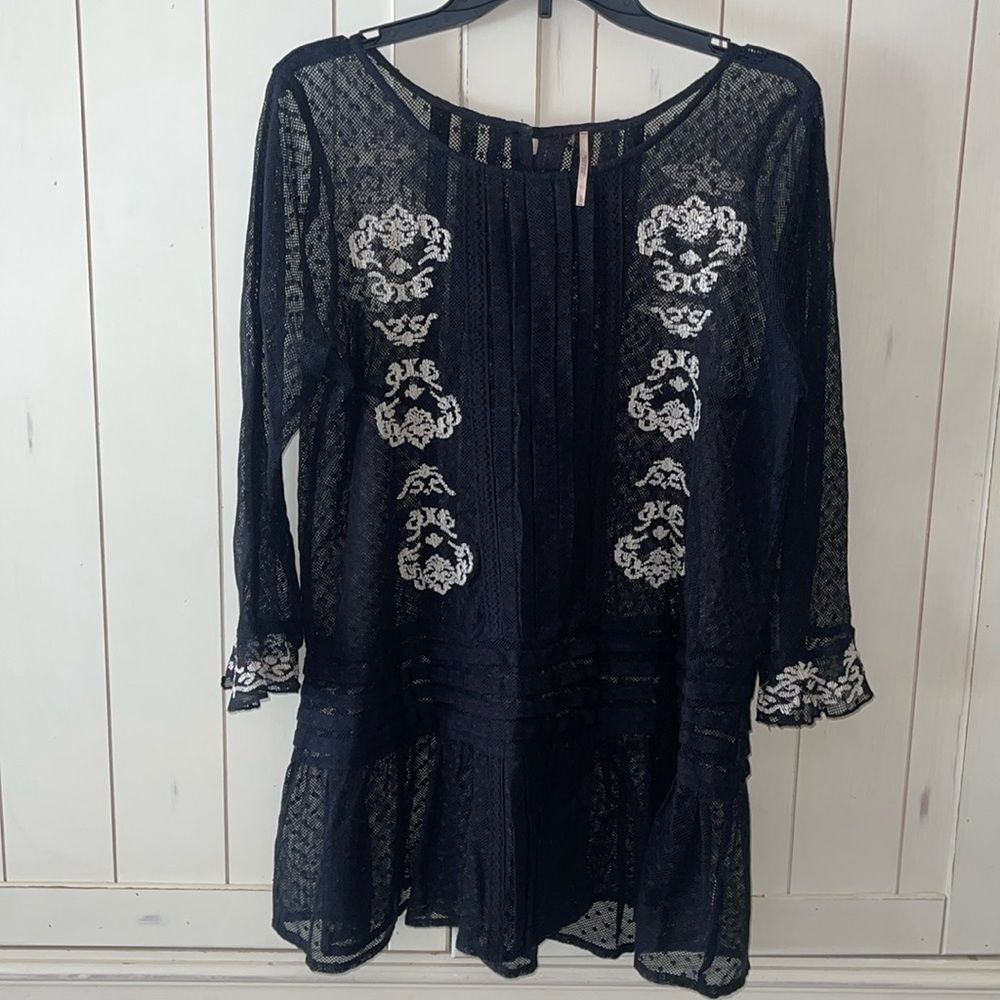 Free People Womens Lace Tunic Small Black Embroidered Boho
